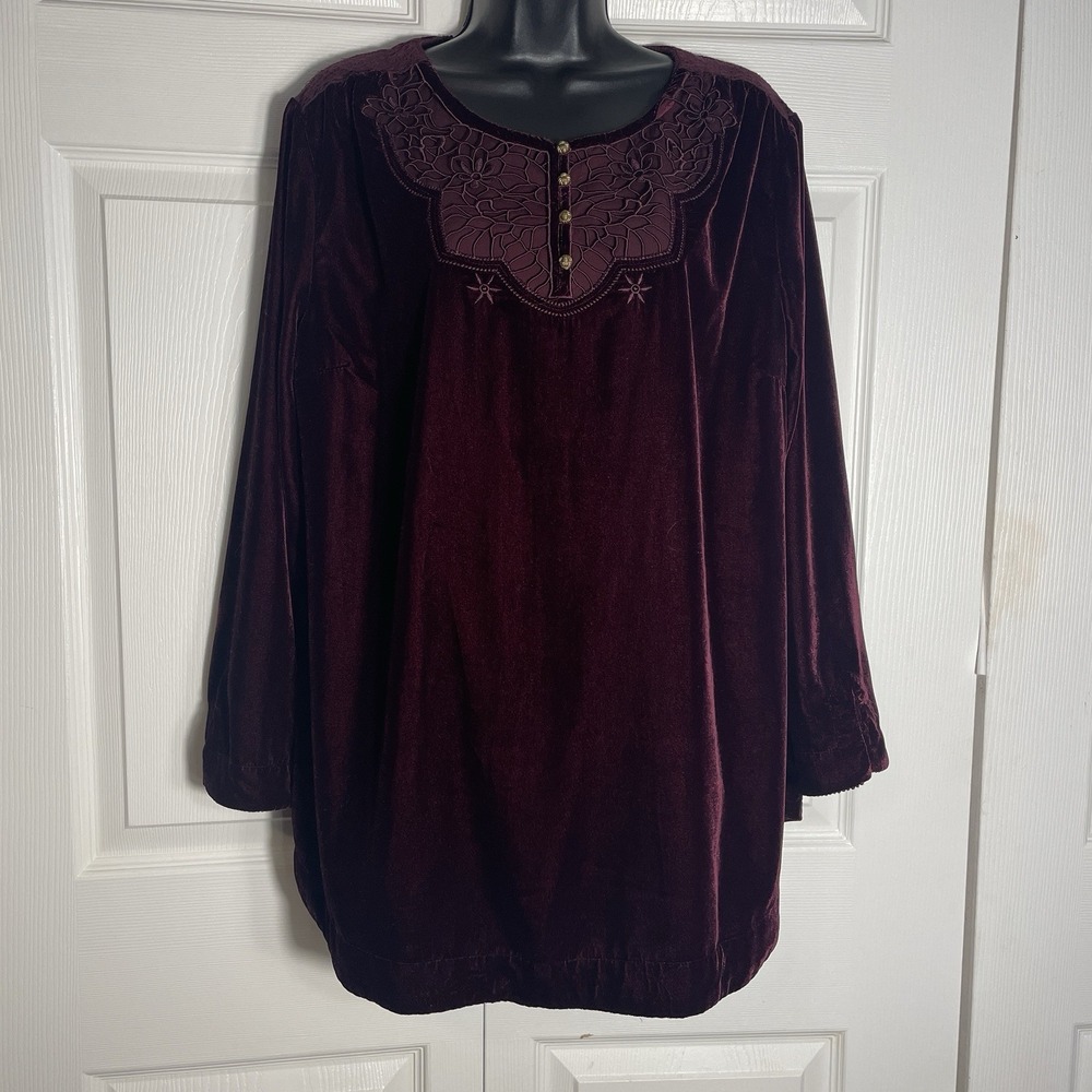 Soft Surroundings Velvet Poet Tunic Women XL Maroon Embroidered Bib Neck Shirt